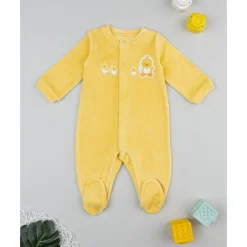 Pijama unisex de bebé en terciopelo amarillo con patitos