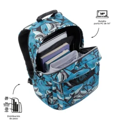 Totto - Mochila escolar adaptable a carro tiburones Acuareles