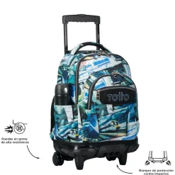 Totto - Mochila escolar con ruedas postales y casetes Renglones