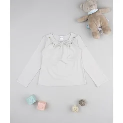 T-shirt beige con cuello bordado para niña