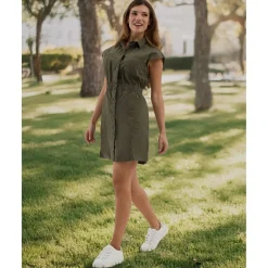 Vestido premamá y de lactancia estilo camisero en verde militar