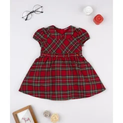Vestido tartán rojo niña con cuello redondo